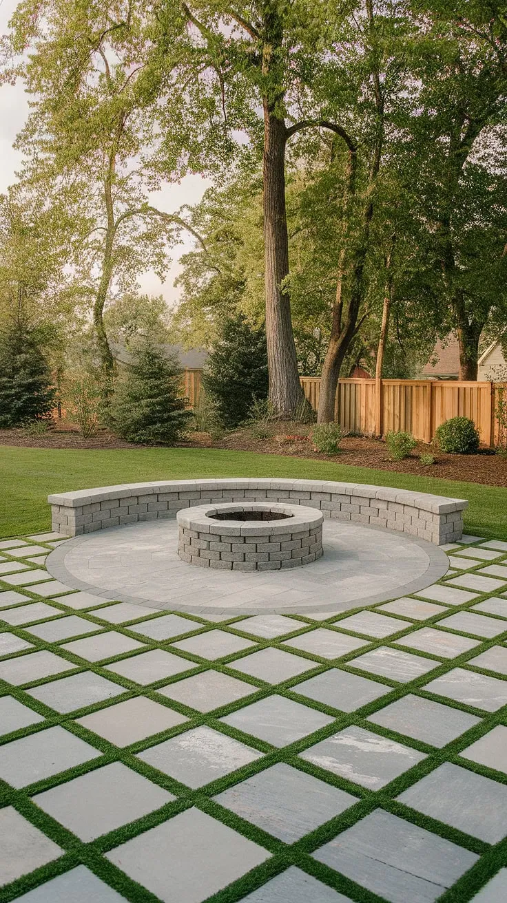 This checkerboard patio, crafted from large pavers with grass peeking through, offers the perfect blend of style and functionality.  The paver sitting area surrounding the patio stone fire pit is ideal for cozy evenings, showcasing clever small backyard paver ideas.  Consider this inspiration for your own backyard patio ideas, or even front patio ideas, if space allows.
