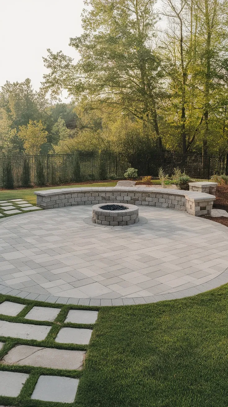 Imagine relaxing evenings by the patio stone fire pit on this inviting checkerboard patio.  The large pavers and strategic use of smaller pavers create a unique and elegant paver sitting area.  This design beautifully demonstrates how large pavers with grass can enhance your outdoor space, offering endless backyard patio ideas and even front patio ideas for your home.