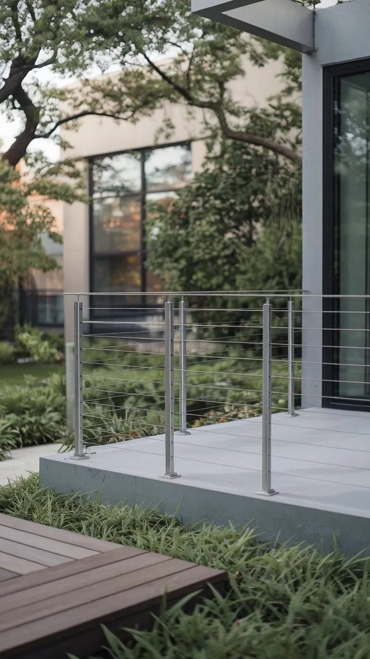 Serene modern living unfolds on this deck, framed by a sleek stainless steel cable railing.  The minimalist design of the patio railing complements the lush surroundings, creating a tranquil escape.  This modern balcony's steel cable railing and overall deck railing design offer both style and safety.