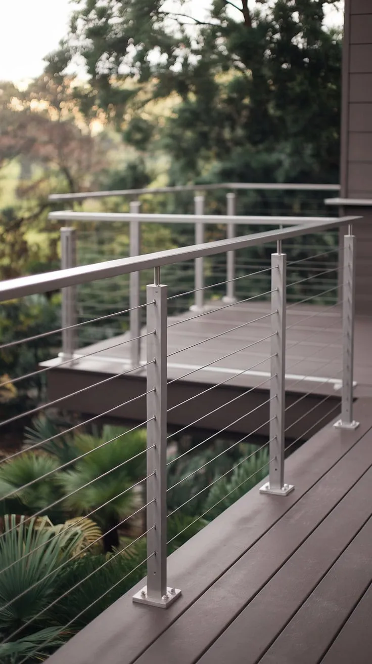 Experience effortless elegance with this stunning modern balcony and modern deck.  The stainless steel cable railing, a masterpiece of modern railing design, seamlessly integrates with the lush surroundings. This patio railing and balcony railings system not only enhances safety but also elevates the aesthetic appeal, creating a truly inviting space.