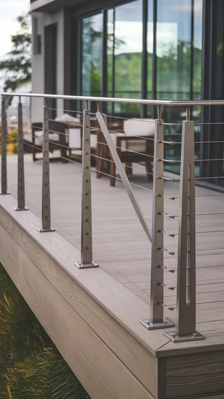 Where modern design meets effortless elegance. This seamless transition from modern deck to modern balcony, achieved with a sleek stainless steel cable railing, showcases the perfect blend of safety and style.  The patio railing and balcony railings create a stunning focal point, highlighting the sophisticated deck railing design.