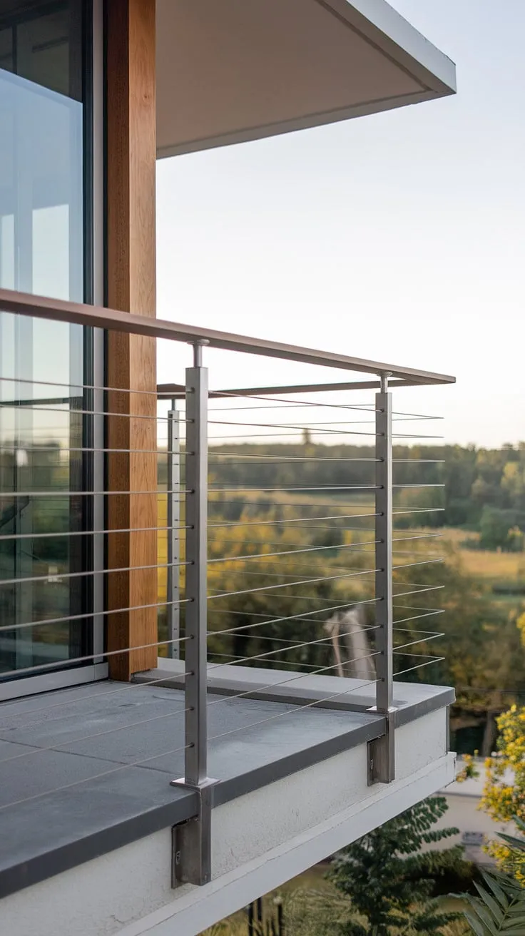 Clean lines and stunning views define this modern balcony.  The stainless steel cable railing, a perfect example of modern railing design, creates a sense of airy openness.  This balcony railings system is a beautiful blend of form and function, ideal for a modern deck or any modern balcony.