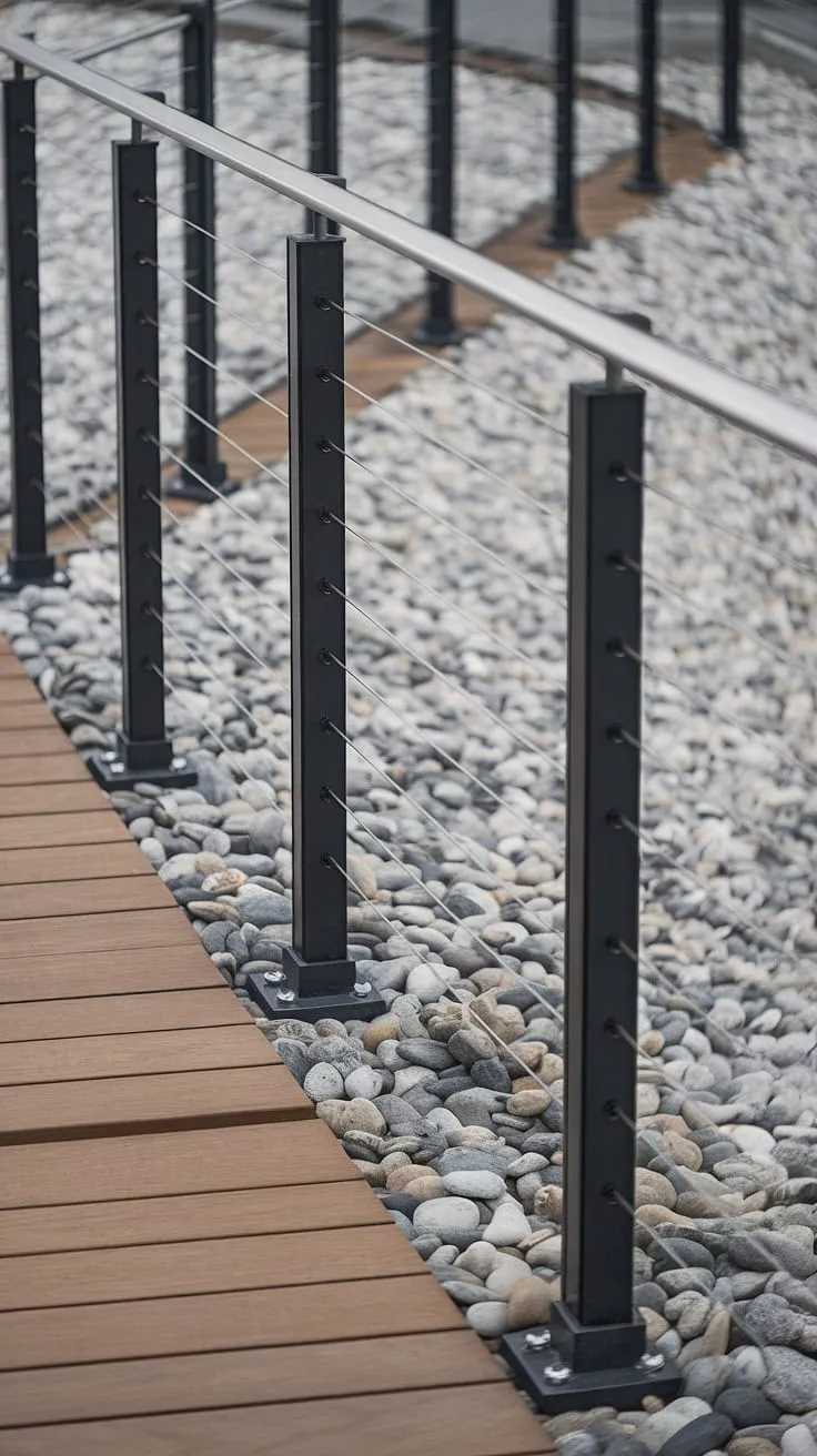 This modern balcony boasts a stunning steel cable railing, showcasing a sophisticated deck railing design. The stainless steel cable railing's elegant simplicity complements the modern deck perfectly, creating a seamless transition between indoor and outdoor spaces.  Consider this inspiring patio railing for your own modern balcony or patio.