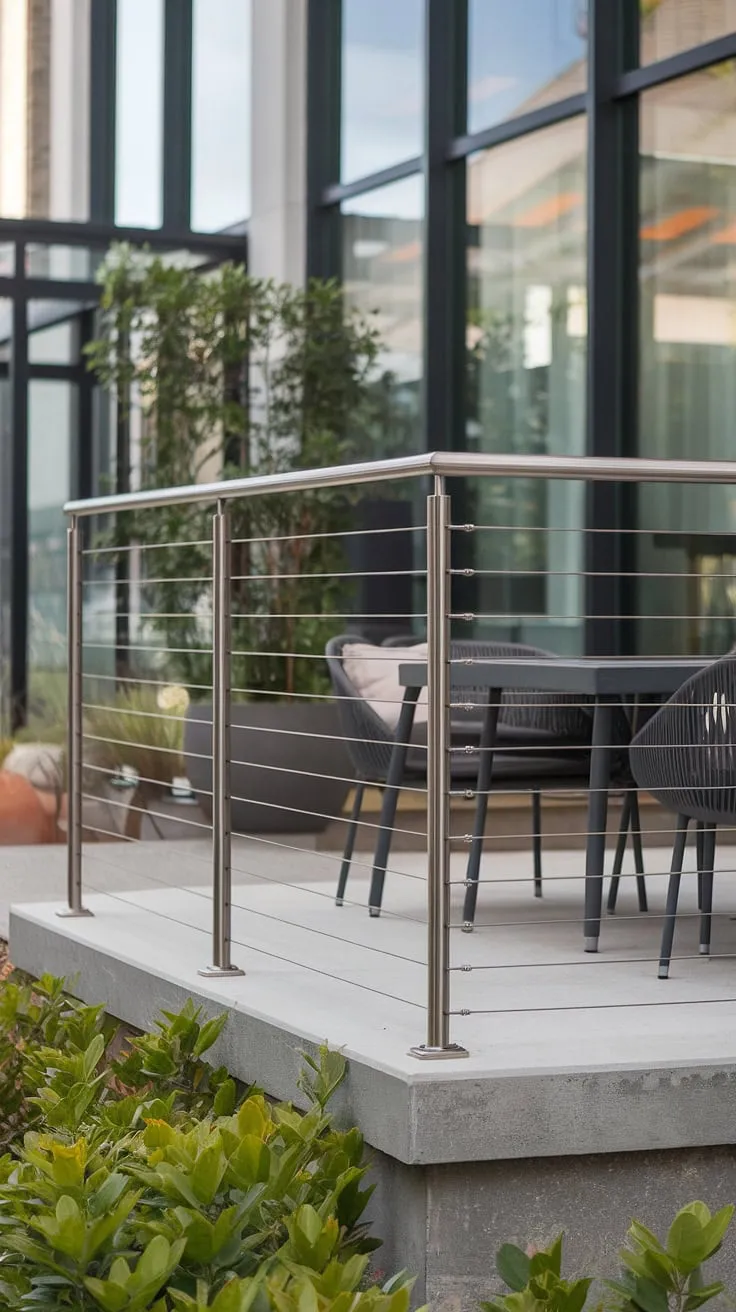 Find serenity on this modern balcony. The stunning steel cable railing, a perfect example of modern railing design, seamlessly blends with the contemporary architecture.  This stainless steel cable railing system elevates the look of the modern deck, while the balcony railings provide a safe and stylish boundary.  The overall design is a testament to thoughtful deck railing design.