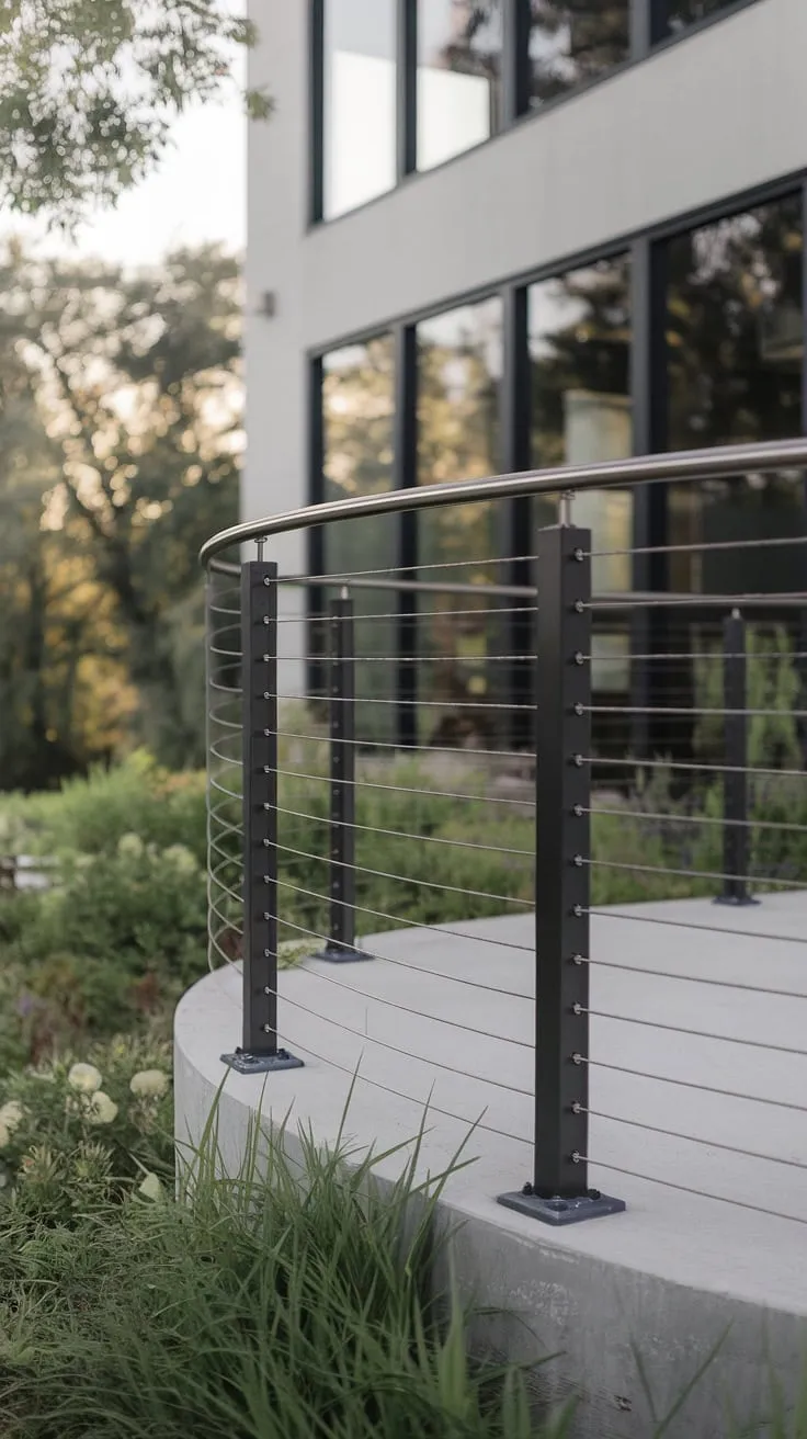Experience effortless elegance with this stunning steel cable railing.  The stainless steel cable railing system creates a sense of airy openness on this modern balcony, while the black powder-coated posts provide a sophisticated contrast.  Perfect for balcony railings, deck railing design, or any modern patio, this railing system elevates the entire space.