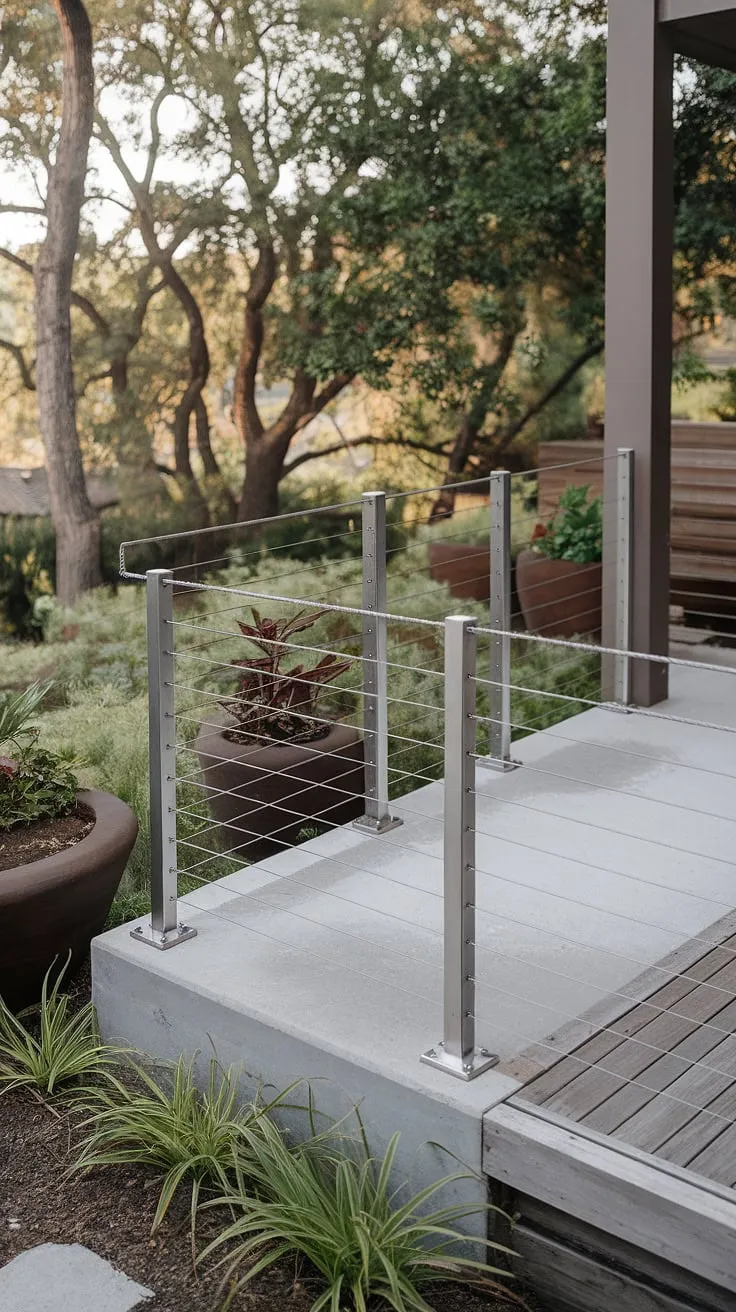 Clean lines and minimalist style define this modern patio, where a sleek stainless steel cable railing complements the lush greenery and seamlessly transitions to a matching deck railing design. The modern balcony-inspired aesthetic elevates the outdoor space, showcasing the beauty of a simple yet sophisticated steel cable railing.