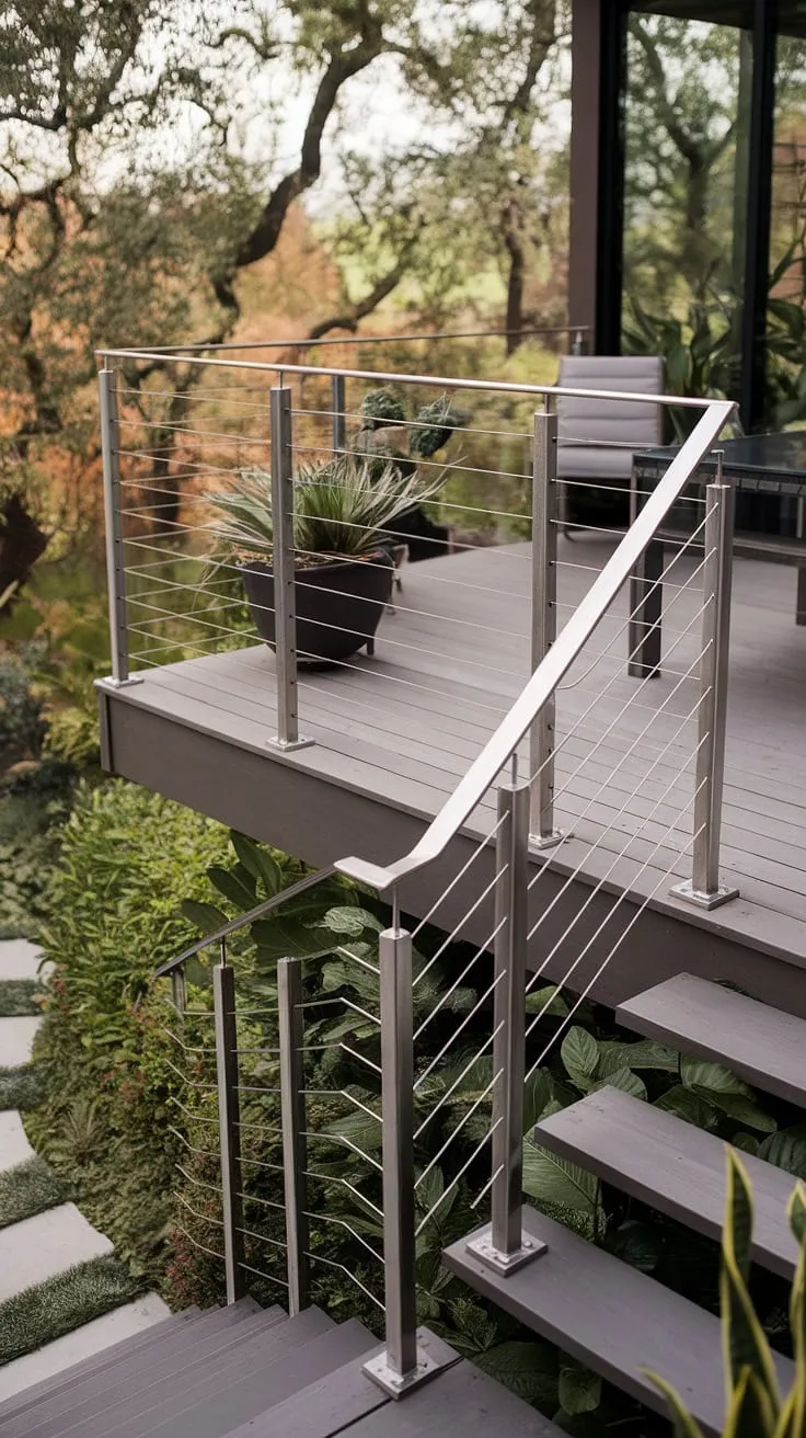 Elevated serenity. This modern deck, complete with a sleek stainless steel cable railing, offers breathtaking views and a minimalist aesthetic. The patio railing's clean lines perfectly complement the surrounding lush greenery, creating an outdoor oasis.  The deck railing design is both functional and stylish, a testament to modern balcony and balcony railings trends.