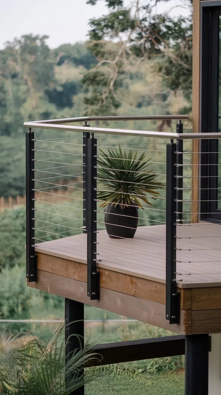 Elevated views and sleek style. This modern deck, complete with a stunning stainless steel cable railing and black steel posts, seamlessly blends indoor-outdoor living. The patio railing's minimalist design complements the modern balcony aesthetic, creating a space perfect for relaxation and entertaining.  The deck railing design is both functional and visually striking, offering a safe and stylish way to enjoy the lush surroundings.