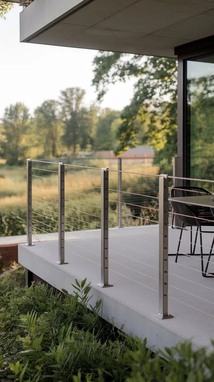 This modern balcony's stainless steel cable railing is more than just a safety feature; it's a statement piece. The clean lines of the modern railing perfectly complement the concrete patio and surrounding greenery, creating a sophisticated and inviting space. Explore the possibilities of steel cable railing for your own modern deck or balcony railings.