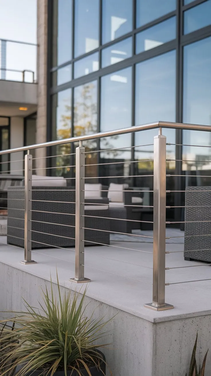 Sleek and sophisticated, this stainless steel cable railing elevates the modern deck and balcony, seamlessly blending form and function.  The patio railing's minimalist design complements the modern architecture, creating a stunning outdoor space.  The steel cable railing offers unobstructed views while ensuring safety, a perfect example of modern railing and deck railing design.