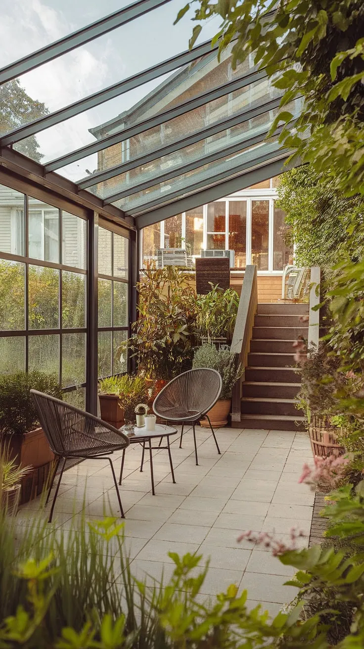 Transforming a tiny townhouse backyard into a cozy retreat. This small patio, with its simple wooden table and chair set, potted plant, and standing lamp, offers a perfect example of uncovered patio ideas and small patio design.  Plenty of inspiration for patio ideas townhouse, backyard patio decor, and ideas backyard patio, proving that even small outdoor patios can be stylish and functional.