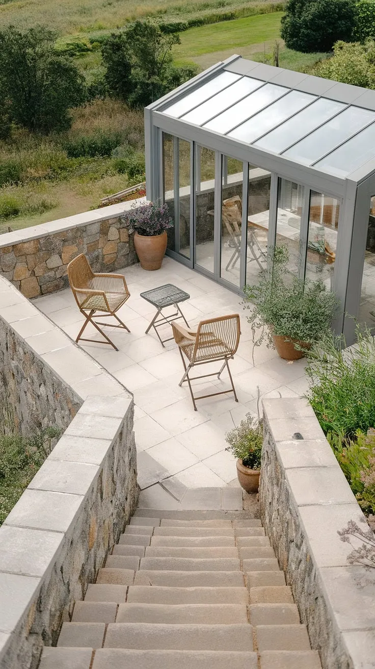 Uncover the charm of this small patio design!  This townhouse backyard boasts inspiring patio ideas townhouse, showcasing how a little space can become a big escape.  The rustic stone, simple furniture, and potted plant offer effortless backyard patio decor, making it a perfect example of small patio ideas and small outdoor patios. Find more uncovered patio ideas and patio decor ideas to create your own personal retreat.