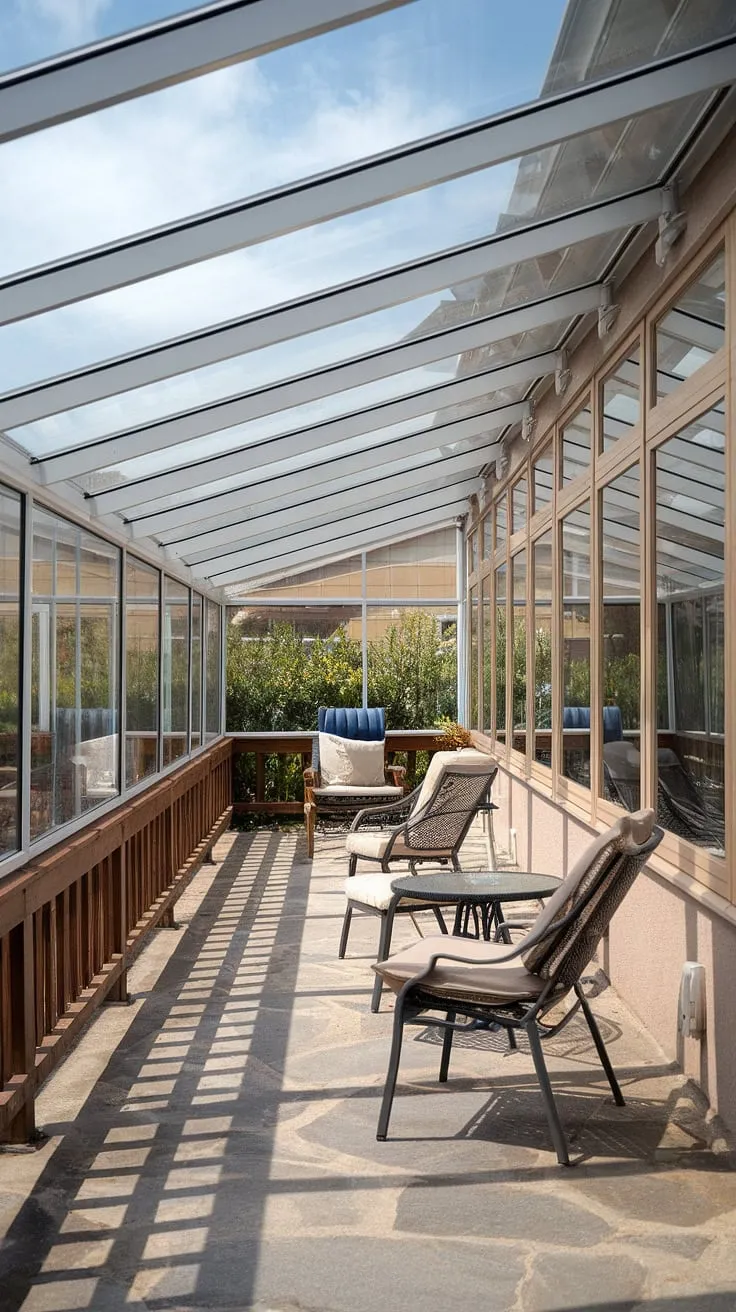 Escape to your own private oasis. This clear roof patio, seamlessly connected to a sunroom via a glass roof porch, offers the perfect blend of indoor and outdoor living.  Covered deck roof designs like this maximize natural light while providing shelter, inspiring endless covered patio ideas for your own home. The stone flooring and wooden railing complete the tranquil veranda roof setting.