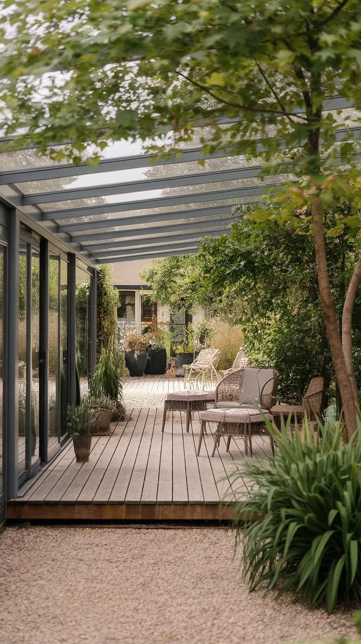 Escape to your own private oasis under this stunning glass roof patio.  The clear roof patio bathes the covered deck roof in natural light, creating a seamless transition from indoors to the lush garden.  Consider this inspiring covered patio idea for transforming your outdoor space into a sun-drenched veranda roof, or even a patio to sunroom conversion.