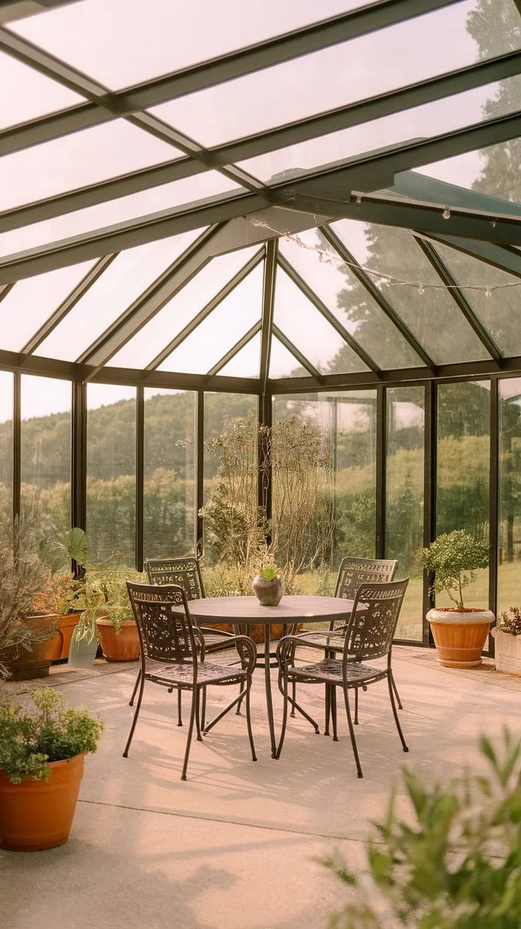Imagine relaxing on this charming patio, sheltered by a beautiful covered patio roof. This glass roof porch offers the perfect blend of indoor and outdoor living, with ample natural light and a breathtaking view.  Explore covered patio ideas like this screened porch roof design, or even consider transforming your existing patio into a sunroom with a clear roof patio and a veranda roof.
