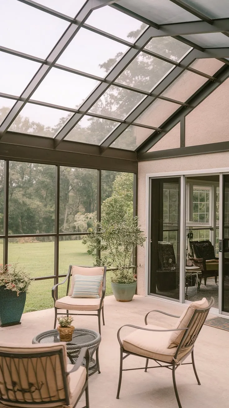 Imagine relaxing on this veranda roof, sheltered from the elements yet surrounded by vibrant greenery. This glass roof porch provides the perfect blend of indoor and outdoor living, with a sliding glass door leading to a sunroom, making it the ultimate expression of covered patio ideas.  The screened porch roof design offers a unique perspective on patio roof design.
