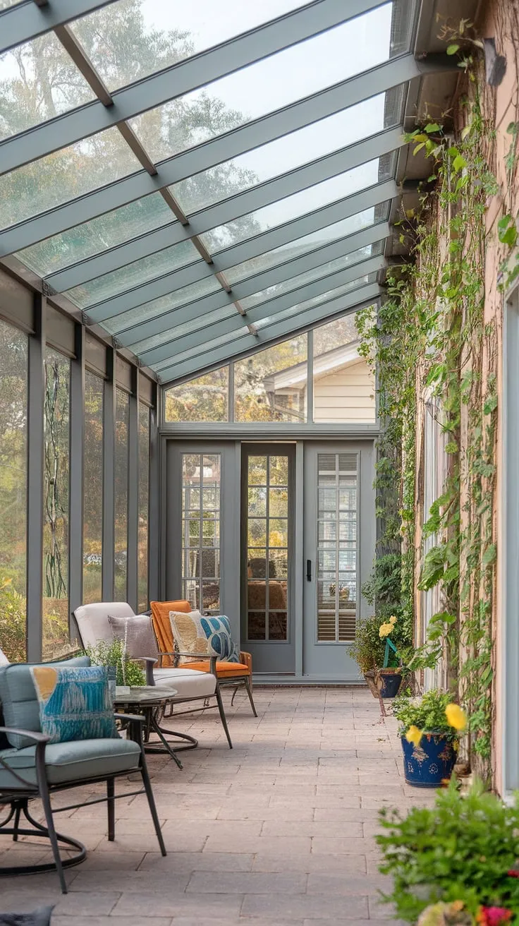 Imagine relaxing on this covered deck roof patio, surrounded by nature's beauty.  The clear roof patio allows for abundant sunlight, while the screened porch roof elements (implied by the greenery) offer privacy and shade.  This patio to sunroom design is a masterclass in indoor-outdoor flow, showcasing innovative covered patio ideas. The pavers underfoot and the carefully chosen plants complete the picture of a perfect retreat.