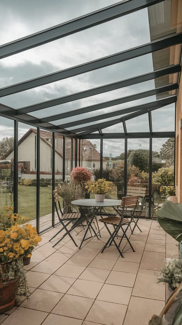 Imagine cozy evenings and bright sunny mornings on this stunning patio.  The covered patio ideas are endless with a glass roof porch like this.  From a simple covered deck roof to a more elaborate screened porch roof, the possibilities are vast. This clear roof patio provides a seamless transition between indoors and out, almost like a patio to sunroom conversion, but with the added benefit of fresh air.  The veranda roof design is both elegant and practical.