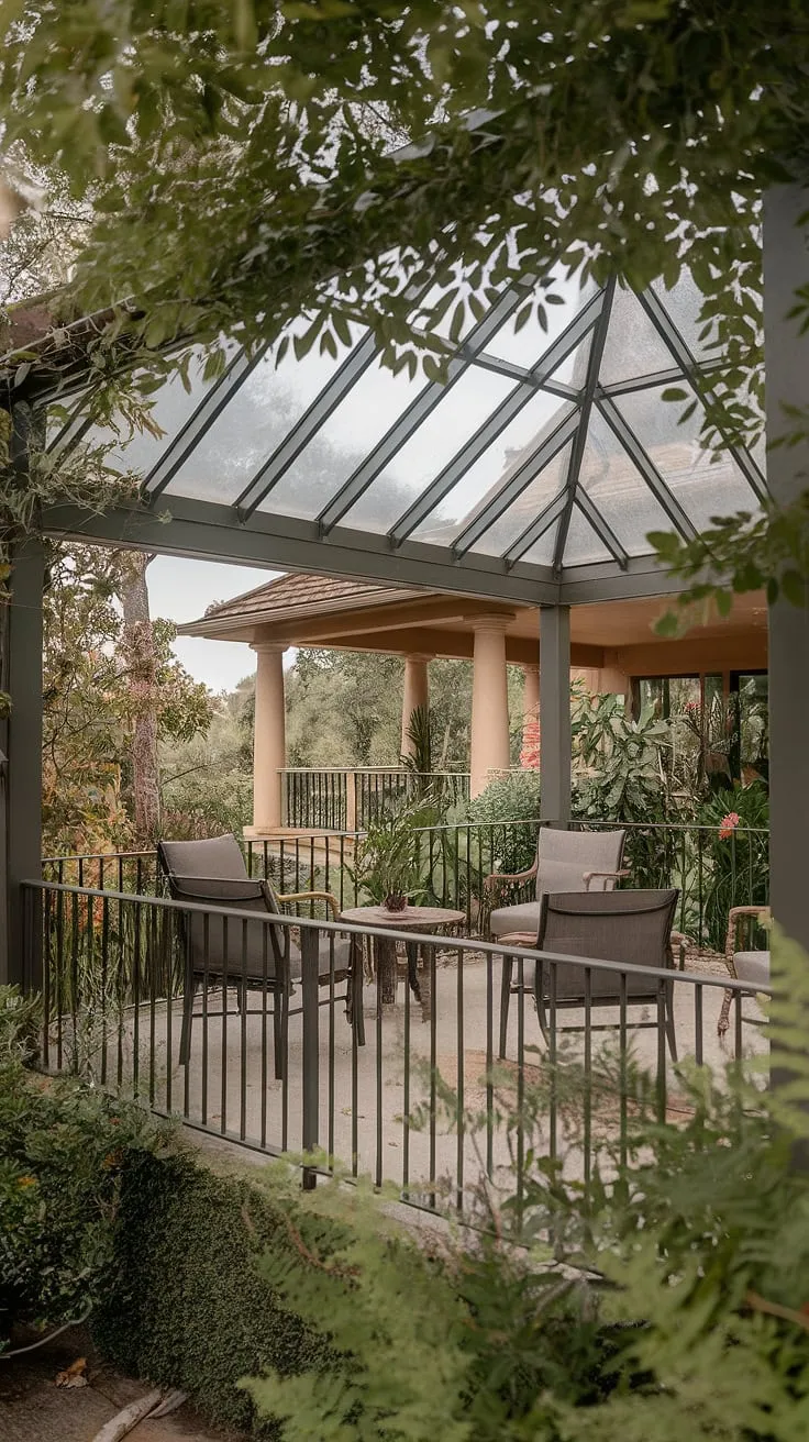 Escape to your own private oasis. This serene patio, with its clear roof patio and glass roof porch, offers the perfect blend of indoor and outdoor living.  The covered deck roof provides shade and protection, while the lush greenery creates a tranquil atmosphere.  Consider this inspiring covered patio ideas for transforming your space, perhaps even a patio to sunroom conversion.  The veranda roof in the background adds to the overall charm.