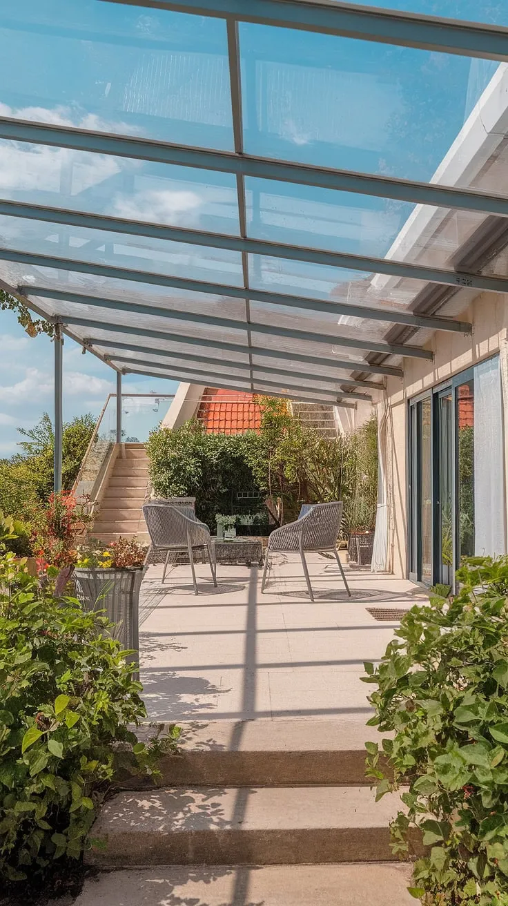 Escape to your own private oasis under this stunning clear roof patio.  The glass roof porch bathes the space in natural light, while the lush greenery creates a tranquil retreat.  This covered deck roof offers the perfect blend of indoor and outdoor living, inspiring endless covered patio ideas, from relaxing afternoons to evening gatherings.  Consider transforming this patio to sunroom with a simple addition of walls.  The veranda roof provides shelter from the elements, while the screened porch roof option (easily added) keeps out pesky insects.