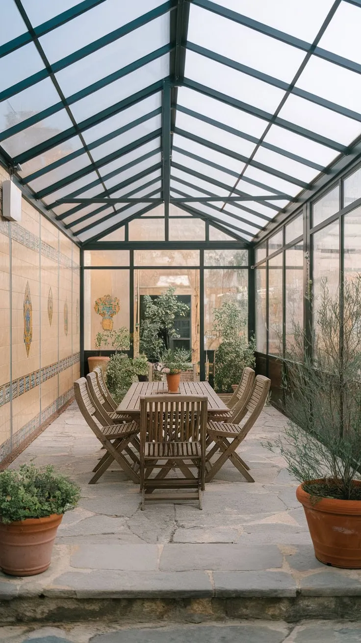 Imagine relaxing on this covered patio, sheltered by a beautiful glass roof.  The patio roof design creates a bright and airy space, perfect for entertaining or simply enjoying a quiet moment.  This clear roof patio showcases elegant covered patio ideas, effortlessly blending indoor comfort with outdoor charm.  Transform your outdoor space with a similar veranda roof or screened porch roof, and consider the possibilities of a patio to sunroom conversion.