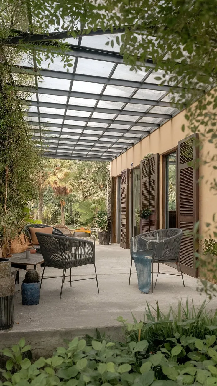 Escape to tranquility under this stunning glass roof patio.  The clear roof patio bathes the space in natural light, transforming this covered deck roof into a sun-drenched oasis.  With lush greenery surrounding and comfortable seating, it's the perfect spot for relaxation, offering covered patio ideas that seamlessly blend indoor and outdoor living, almost like a patio to sunroom conversion.
