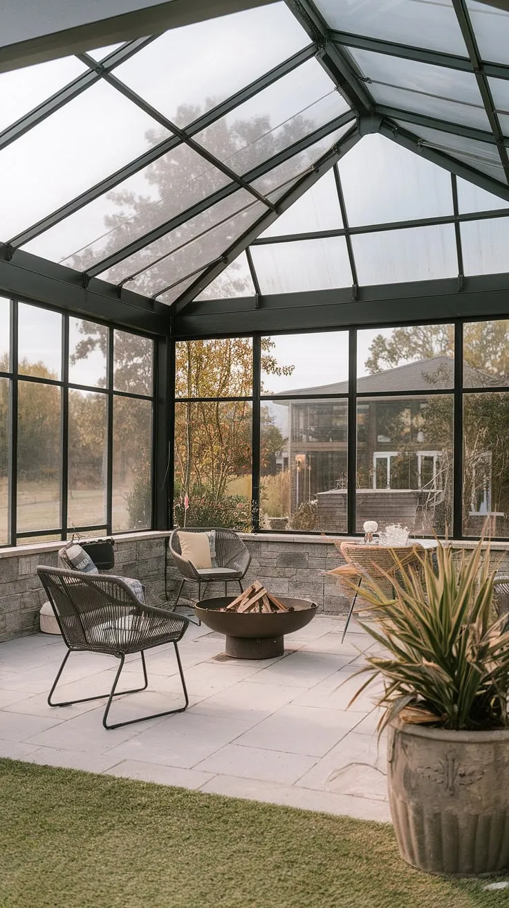 Imagine relaxing on this covered patio, sheltered by a beautiful glass roof porch.  The clear roof patio lets the sunshine stream in, creating a bright and airy atmosphere.  This design offers the best of both worlds, showcasing innovative covered patio ideas.  Transform your outdoor space with a veranda roof or screened porch roof for ultimate comfort and style.  The possibilities are endless, from a simple retreat to a luxurious patio to sunroom addition.