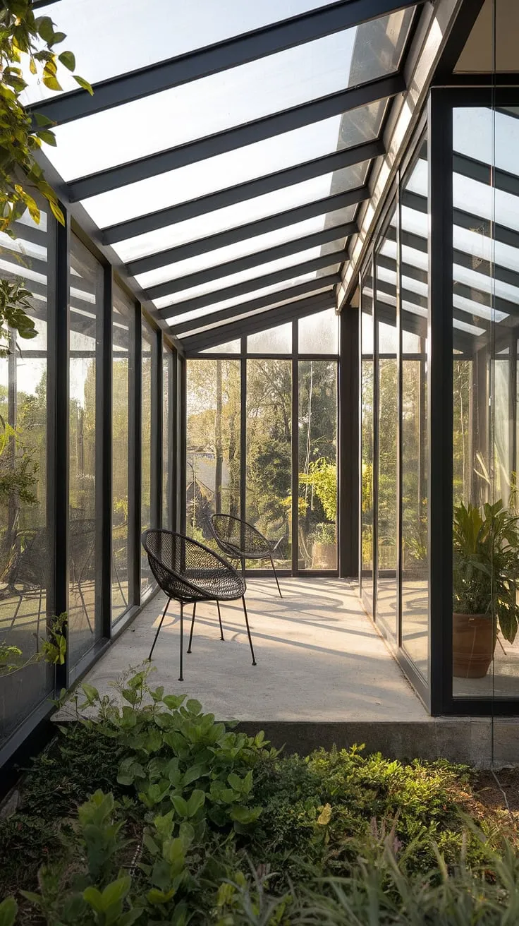 Sunlight streams through the clear roof patio, illuminating the minimalist design and lush greenery surrounding this serene escape.  The glass roof porch seamlessly connects to a sunroom, offering covered patio ideas for ultimate relaxation. This covered deck roof and veranda roof create a tranquil oasis, perfect for enjoying the outdoors.