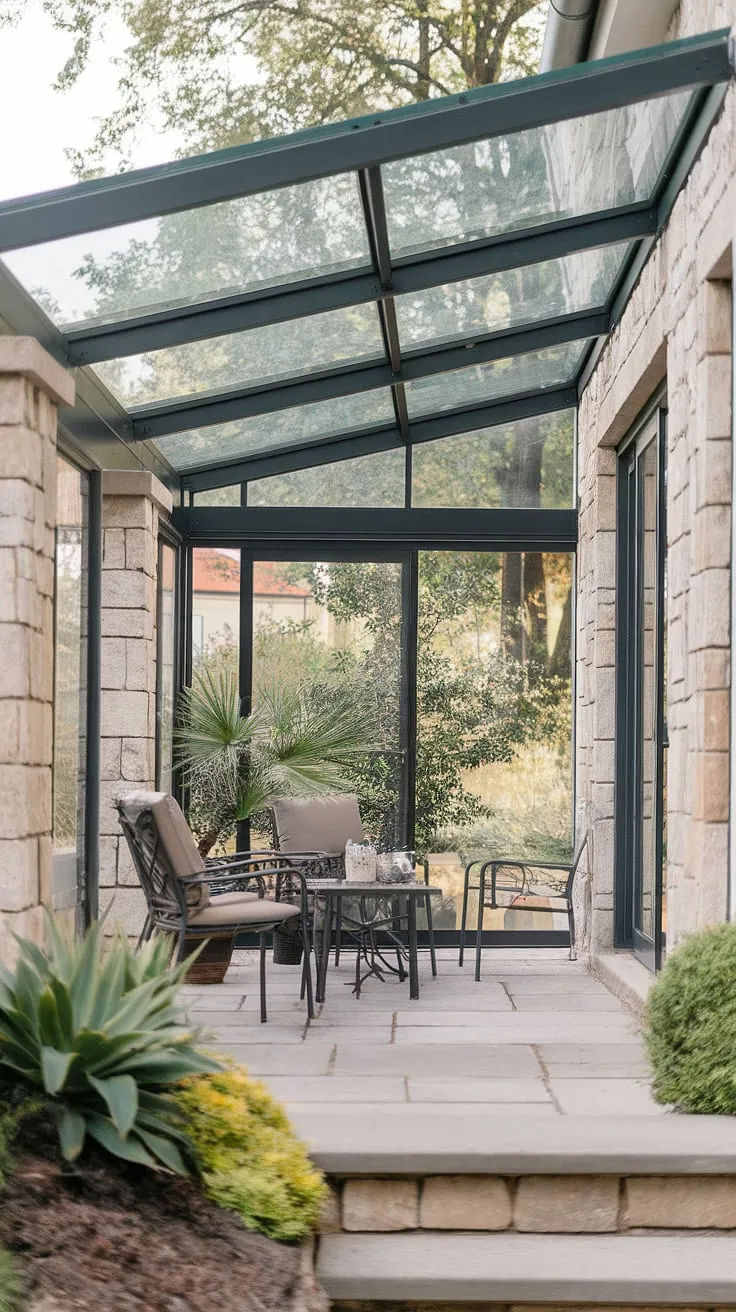 Escape the elements and embrace the light in this stunning outdoor space.  The clear roof patio, with its glass roof, transforms this stone patio into a sun-drenched haven, perfect for relaxing.  Consider this covered deck roof design for your own covered patio ideas – a seamless transition from patio to sunroom.  The veranda roof provides shelter while still allowing ample natural light.