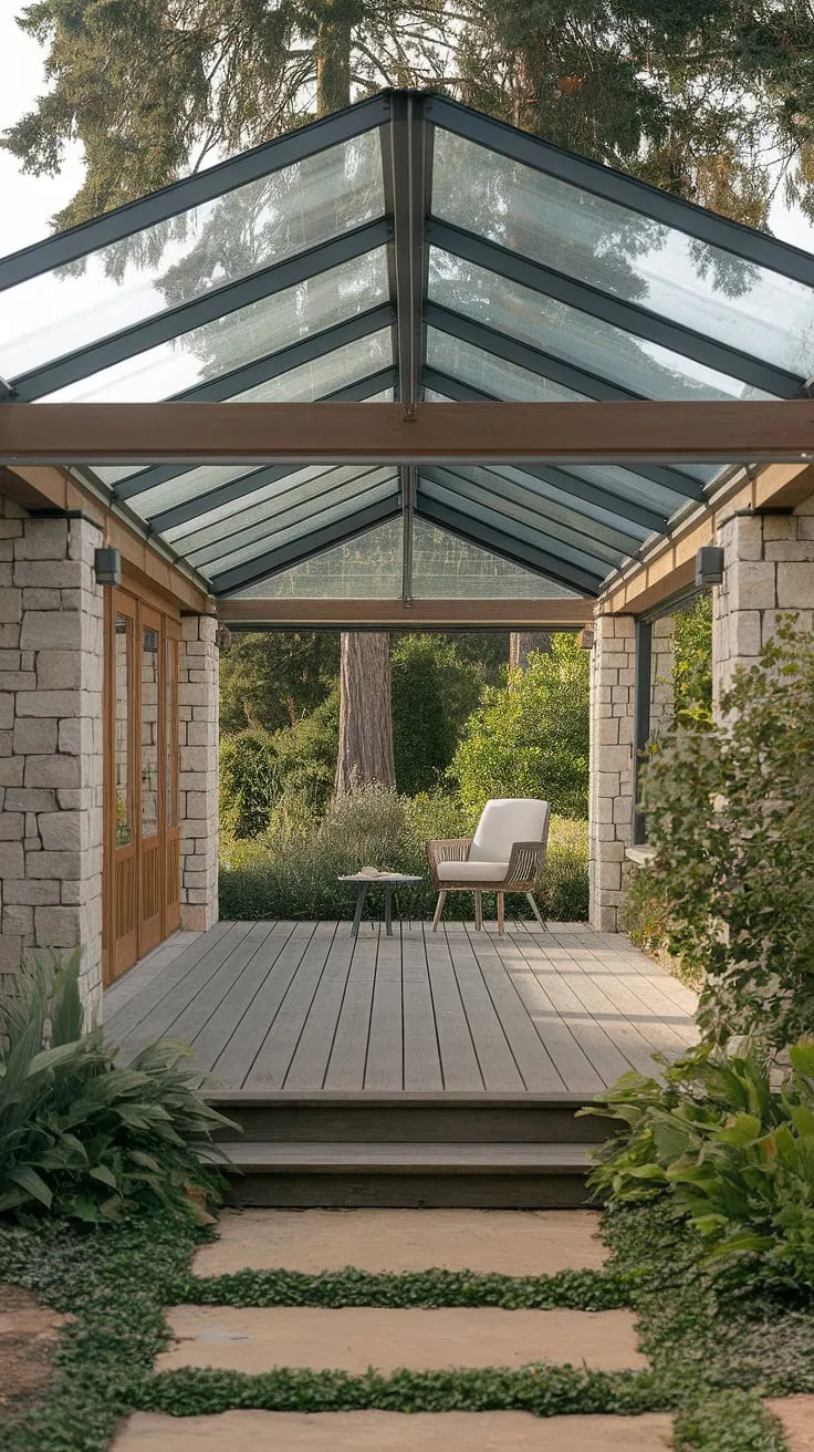 Imagine relaxing on this veranda roof, surrounded by lush greenery and the gentle sounds of nature. This glass roof porch provides a seamless transition between indoors and out, creating a tranquil retreat.  The covered patio roof protects from the elements while still allowing ample sunlight.  From screened porch roof to a sun-drenched haven, this patio to sunroom conversion is the epitome of outdoor living.