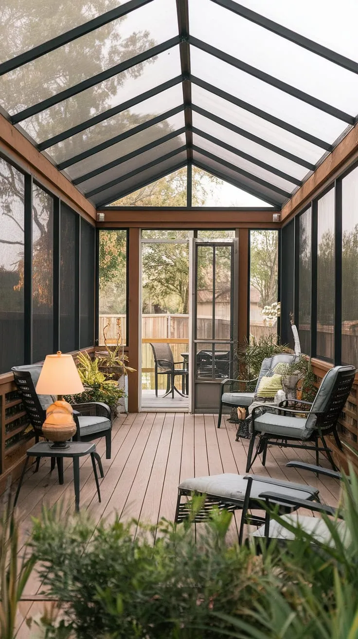 Escape the elements and embrace the light in this stunning covered deck, boasting a glass roof porch that transforms your outdoor space into a sun-drenched haven.  The screened porch roof provides the perfect blend of privacy and openness, while the clear roof patio allows for uninterrupted views of the surrounding trees. This is covered patio ideas at its finest, a seamless transition from patio to sunroom.  The veranda roof adds architectural elegance, creating a space you'll cherish year-round.