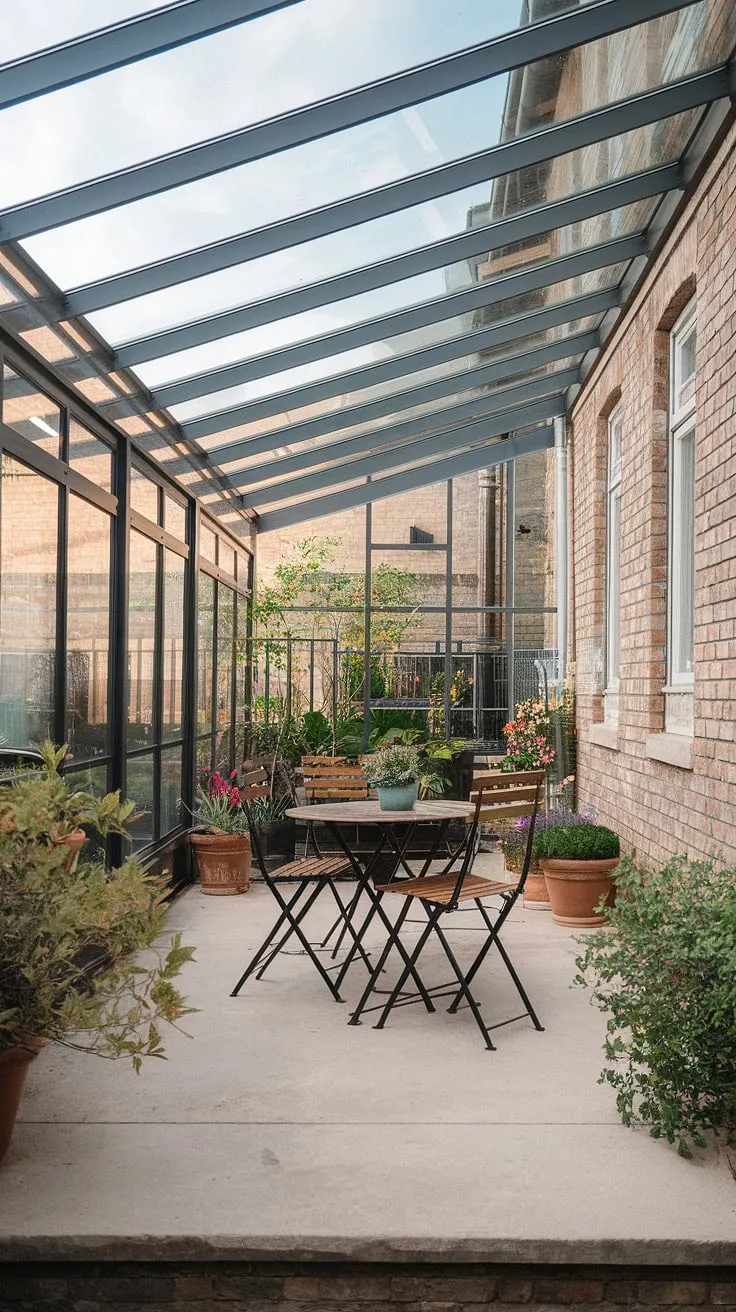 Escape to your own private oasis under this stunning covered deck roof.  The glass roof allows for abundant natural light, creating a bright and airy atmosphere perfect for relaxing meals or quiet contemplation.  This covered patio ideas showcases the beauty and practicality of a clear roof patio, transforming a simple patio into a luxurious screened porch roof extension.