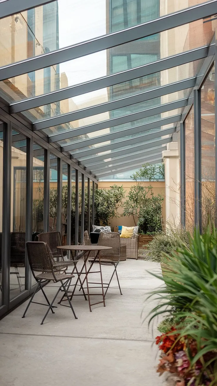Imagine relaxing under this clear roof patio, sheltered by the elegant glass roof porch. This covered patio offers the best of both worlds: the warmth of a sunroom and the breezy feel of an outdoor patio.  Explore covered patio ideas that incorporate a similar glass roof design, transforming your outdoor space into a year-round haven.  The patio roof's design seamlessly blends with the surrounding architecture, creating a sophisticated veranda roof and a subtle screened porch roof effect.  Consider this inspiration as you plan your own patio to sunroom conversion.