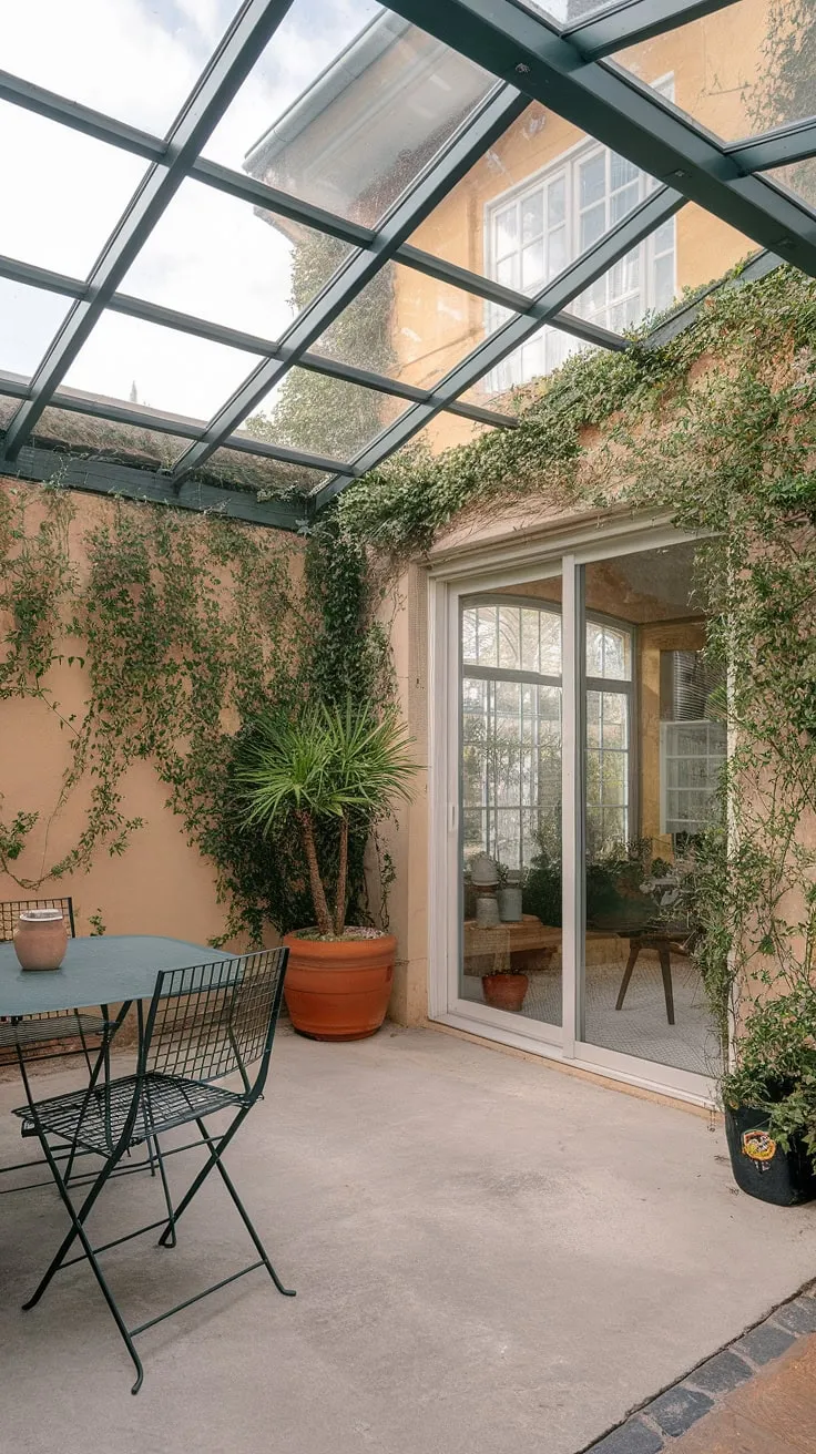 Imagine relaxing under this stunning covered deck roof, a glass roof porch bathed in sunlight. The concrete floor, verdant walls, and patio to sunroom connection create a tranquil retreat. This patio roof design is the epitome of covered patio ideas, offering both style and functionality.
