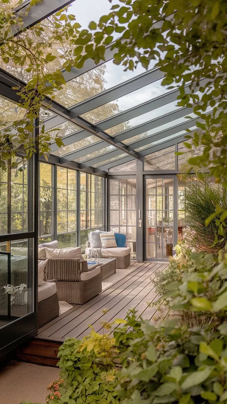 Imagine waking up to sunlight streaming through a glass roof porch. This stunning veranda roof creates a covered patio, sheltered yet bright, perfect for enjoying the lush greenery surrounding your home.  The patio roof design offers a seamless flow from the covered deck roof to a sunroom filled with floor-to-ceiling windows.  Consider these screened porch roof and covered patio ideas for your own outdoor sanctuary.