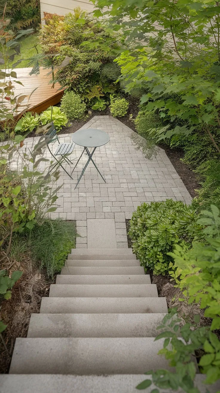 This step down deck leads to a delightful patio, a perfect example of patio stairs ideas. The garden steps from house gracefully connect the elevated deck to the inviting patio area, creating a beautiful patio with steps down from house.  The concrete patio stair is both functional and aesthetically pleasing, blending seamlessly with the surrounding landscape.  Imagine relaxing on this inviting step down patio, a testament to thoughtful stepped patio ideas and a simple yet elegant small deck to patio transition.