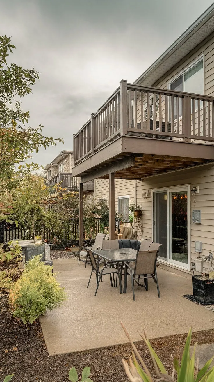 This townhouse backyard boasts a high deck, creating a shaded and private patio underneath.  Perfect examples of under deck patio ideas and second floor deck ideas, this design maximizes space and offers both sun-drenched deck lounging and a cozy patio under deck for dining al fresco.  The result is a stunning deck with patio underneath, showcasing clever backyard under deck patio ideas.