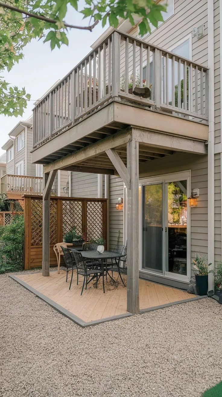 This townhouse's high deck maximizes space with a charming patio underneath.  Smart under deck patio ideas create a cozy outdoor room, perfect for relaxing evenings.  Explore second floor deck ideas and backyard under deck patio ideas for your own urban oasis. This deck with patio underneath is the ultimate townhouse patio.