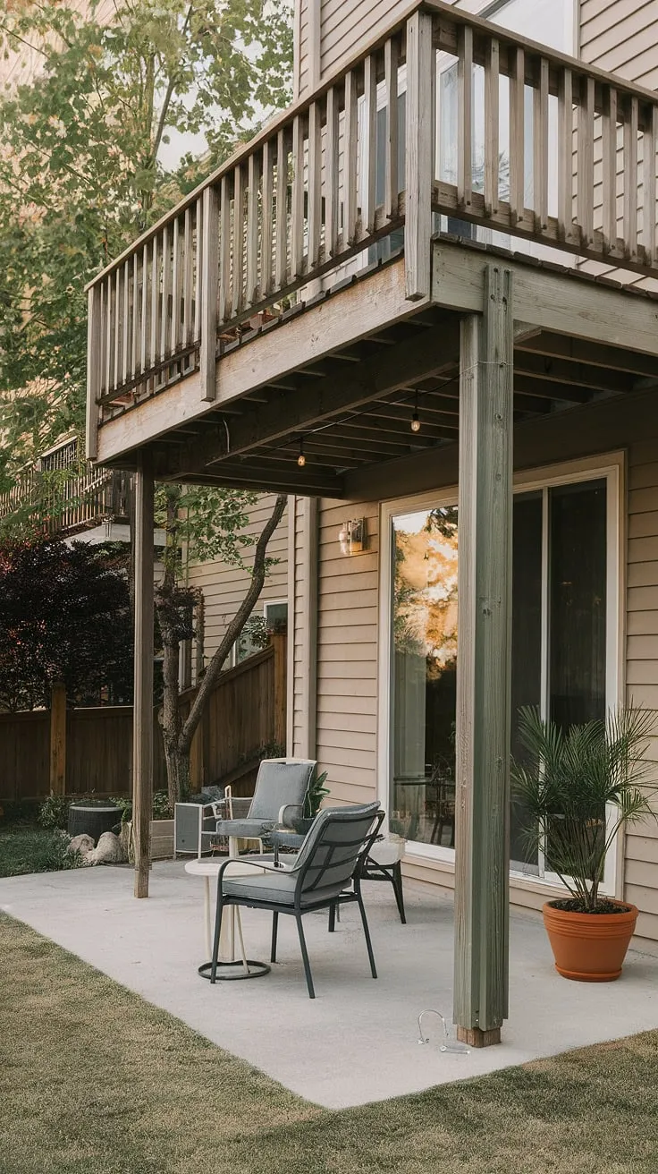 This townhouse boasts a stunning high decks backyard, featuring a spacious second floor deck overlooking a charming patio under deck.  The under deck patio ideas are perfectly executed, creating a seamless flow between indoor and outdoor living.  Consider this your inspiration for under deck ideas and backyard under deck patio ideas, transforming your townhouse patio into an oasis.