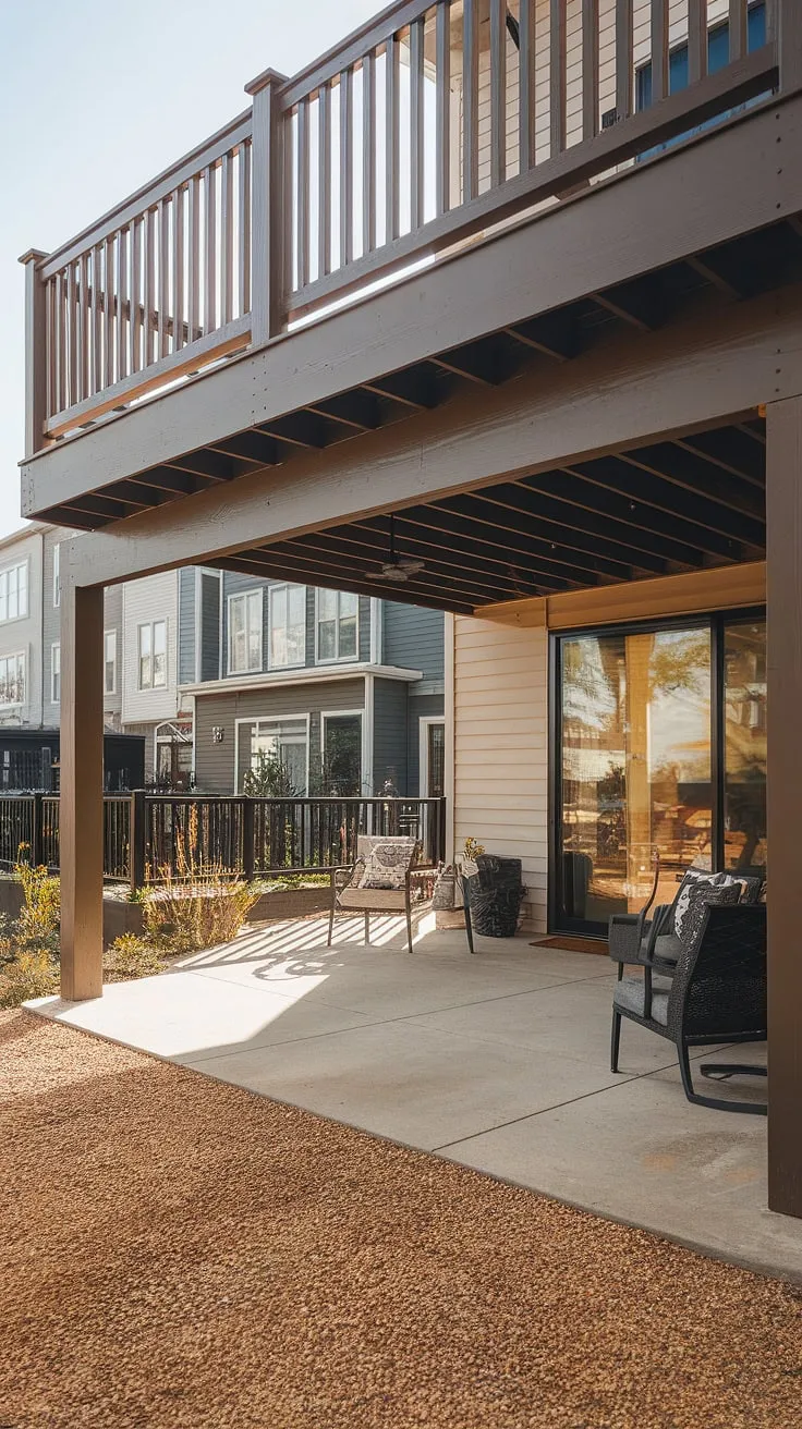Escape to your own private retreat with this amazing patio under deck.  Under deck ideas don't get much better than this high decks backyard design, transforming a townhouse patio into a second-floor deck oasis.  Get inspired by these backyard under deck patio ideas and create your dream space.
