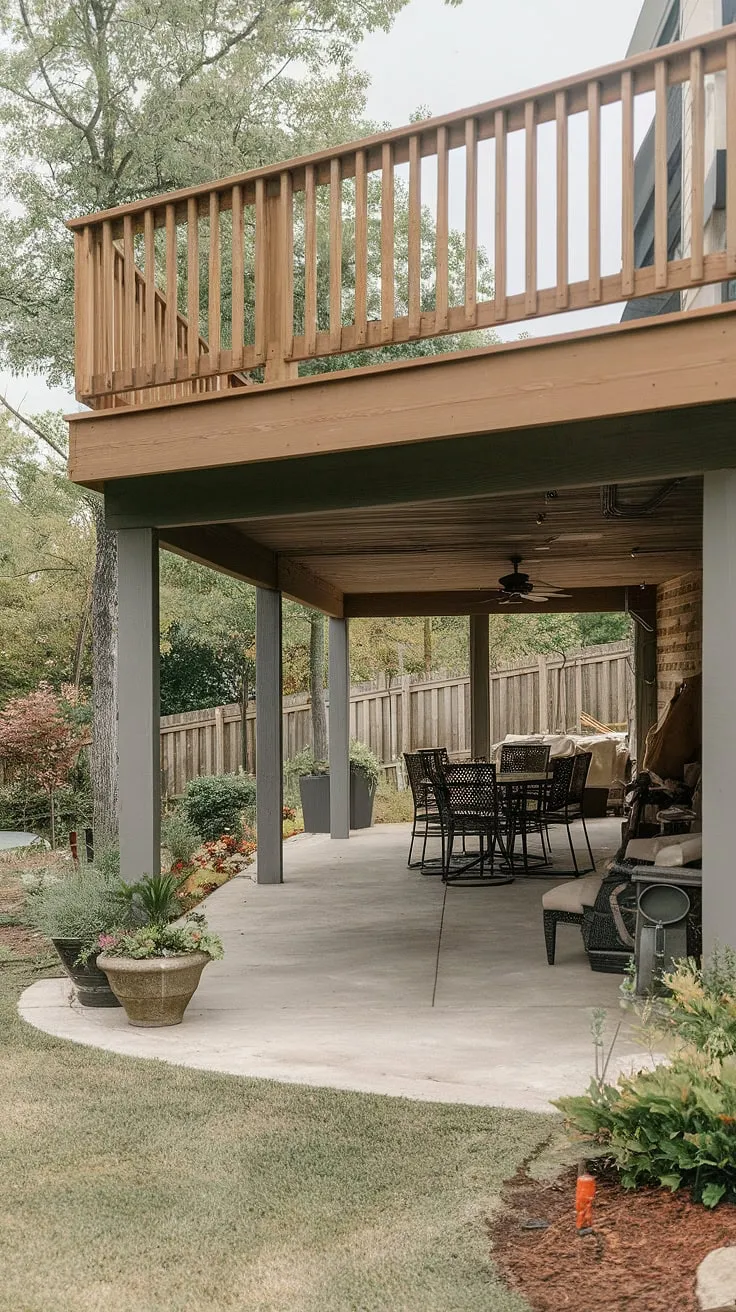 This stunning high decks backyard features a spacious deck with a covered patio underneath, creating the perfect blend of sun and shade.  Get inspired by these under deck patio ideas and transform your own outdoor area.  Whether you're looking for townhouse patio inspiration or simply exploring under deck ideas, this deck with patio underneath offers a wealth of possibilities for your backyard under deck patio ideas and second floor deck ideas.