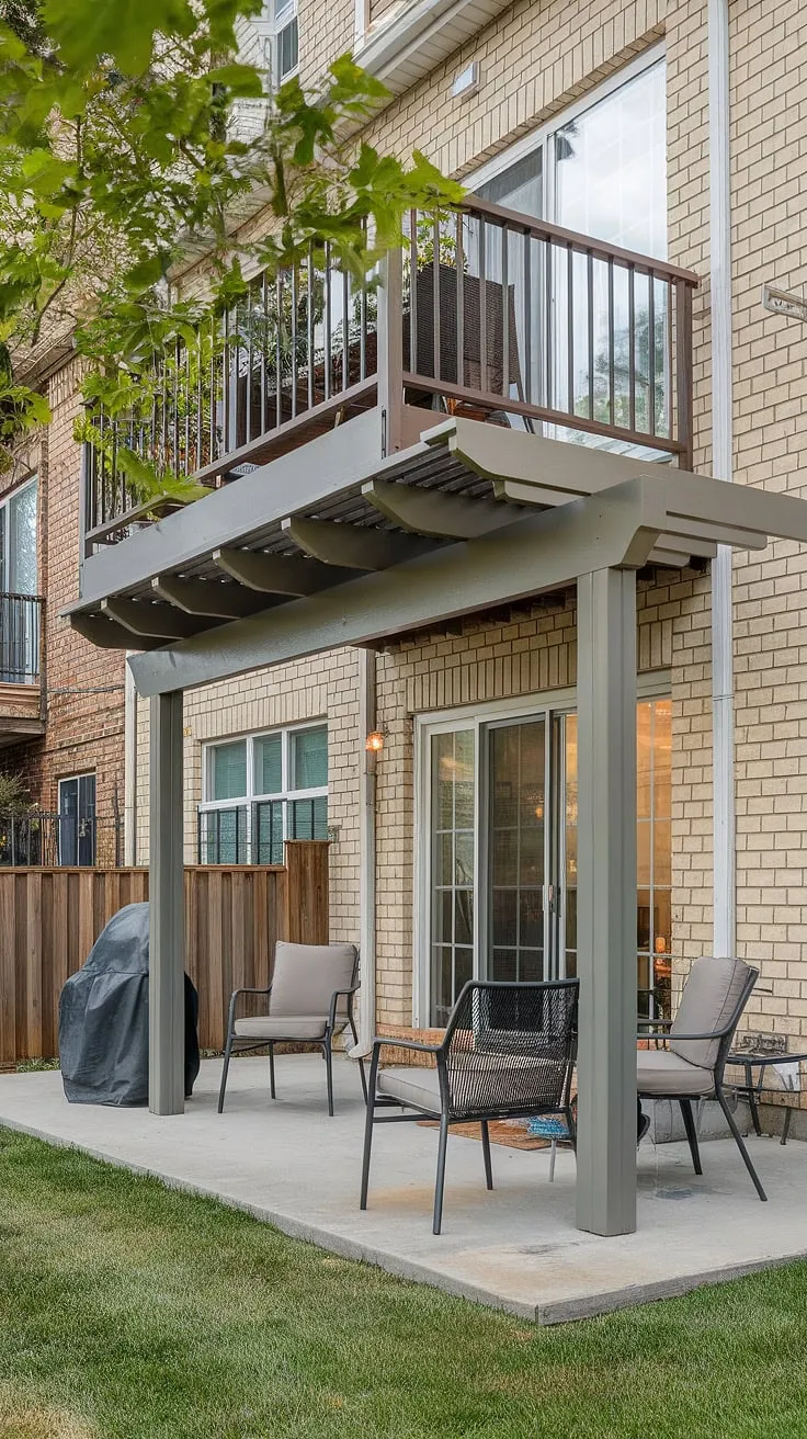 Dreamy townhouse patio goals! This high decks backyard features a brilliant use of space with a patio under deck.  Under deck patio ideas like this are perfect for maximizing your outdoor living area.  The pergola-covered patio under deck creates a shaded sanctuary, while the second floor deck ideas provide a panoramic view.  Get inspired by this under deck ideas masterpiece and transform your own backyard with a stunning deck with patio underneath.