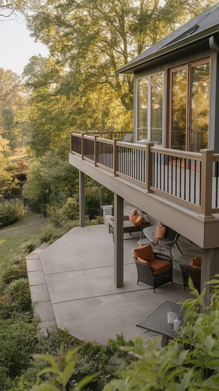 Imagine summer evenings spent on this spacious second floor deck, overlooking a tranquil backyard.  The deck with patio underneath maximizes space and offers versatile under deck ideas. This townhouse patio, complete with a concrete patio under deck, is a dream come true.  Explore high decks backyard designs and under deck patio ideas to create your own outdoor oasis.