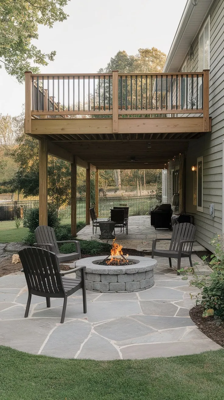 Escape the everyday on this serene second-floor deck, overlooking a cozy under-deck patio perfect for fireside chats.  This townhouse patio, complete with a stone floor and fire pit, offers endless under deck ideas and showcases clever high decks backyard design. Explore under deck patio ideas and deck with patio underneath options for your own outdoor oasis.