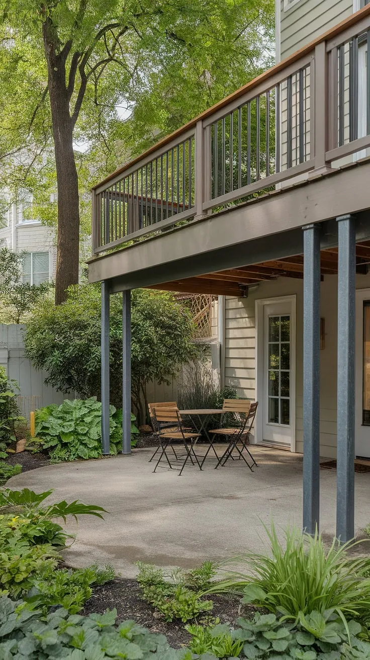This townhouse patio, nestled beneath a high deck, offers a private oasis.  The lush greenery and thoughtful under deck patio ideas create a tranquil escape, showcasing the possibilities of a deck with patio underneath.  Perfect examples of second floor deck ideas and backyard under deck patio ideas for maximizing space.