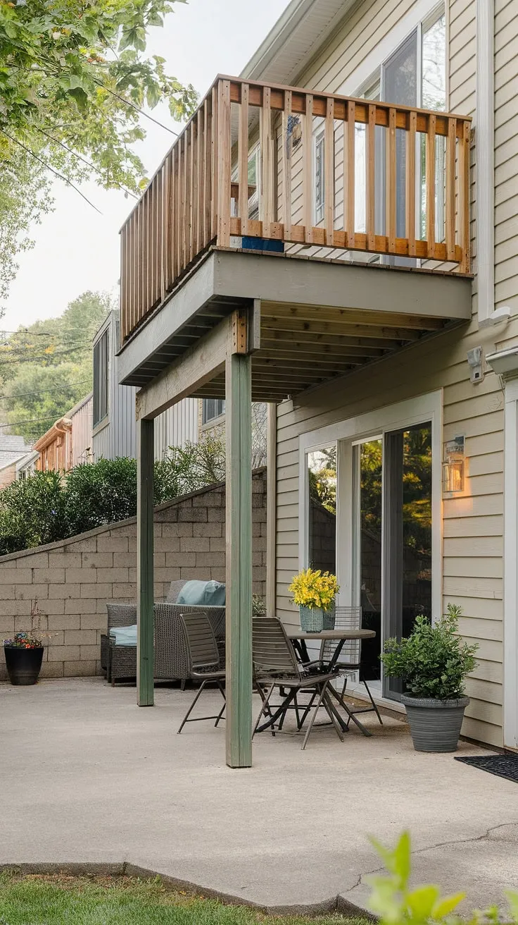 This townhouse's high decks backyard boasts a stunning second floor deck, creating the perfect outdoor retreat.  The clever under deck patio ideas maximize space, transforming the area beneath into a charming patio under deck oasis complete with seating and a potted plant.  Explore under deck ideas and backyard under deck patio ideas for your own home.  This deck with patio underneath is a prime example of townhouse patio design.