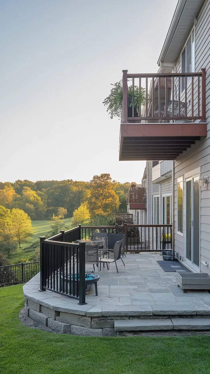 This townhouse's high deck backyard offers the ultimate outdoor living space.  The deck with patio underneath provides ample room for entertaining, showcasing clever under deck patio ideas and second floor deck ideas.  Note the stylish townhouse patio and the serene view beyond.  Explore under deck ideas for your own backyard under deck patio ideas.
