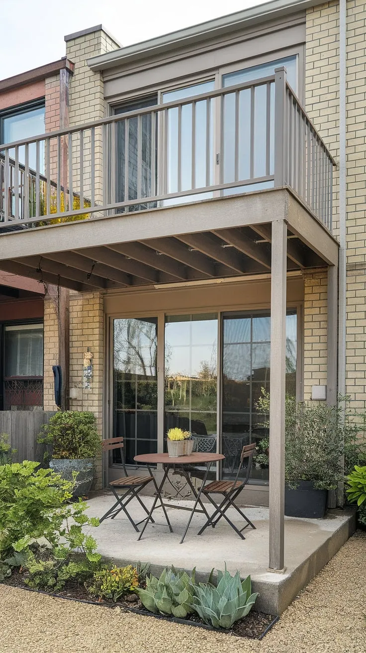 This townhouse boasts a stunning high deck, perfect for enjoying those summer evenings.  But the real magic is below!  The patio under deck creates a shaded oasis, showcasing clever under deck patio ideas and maximizing backyard space. This deck with patio underneath is a dream come true, offering both sun-drenched and shaded areas for relaxation.  Second floor deck ideas don't get much better than this.