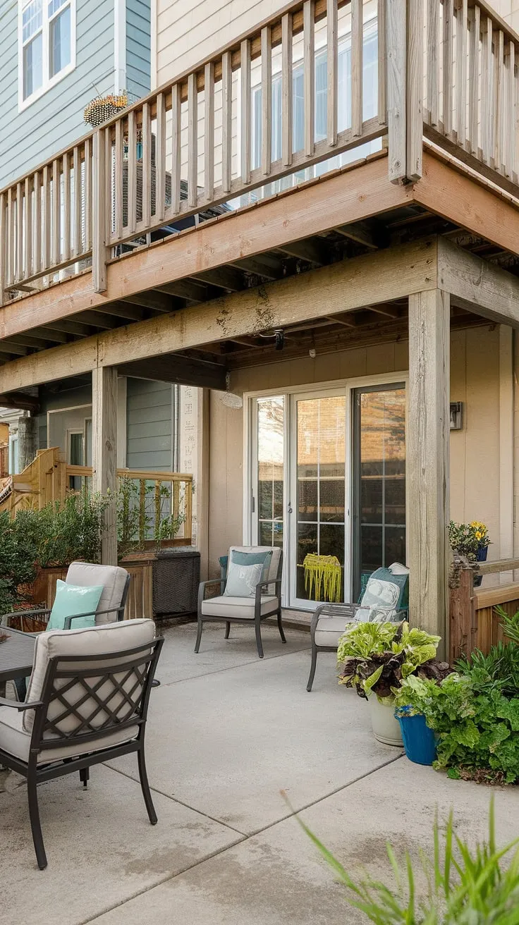 Maximize your townhouse's outdoor potential with this stunning high decks backyard design.  The under deck patio, showcasing innovative under deck ideas, offers a sheltered and stylish extension of the living space.  Explore backyard under deck patio ideas and second floor deck ideas like this one for your own urban oasis.  This deck with patio underneath is the perfect example of under deck patio ideas for townhouses.