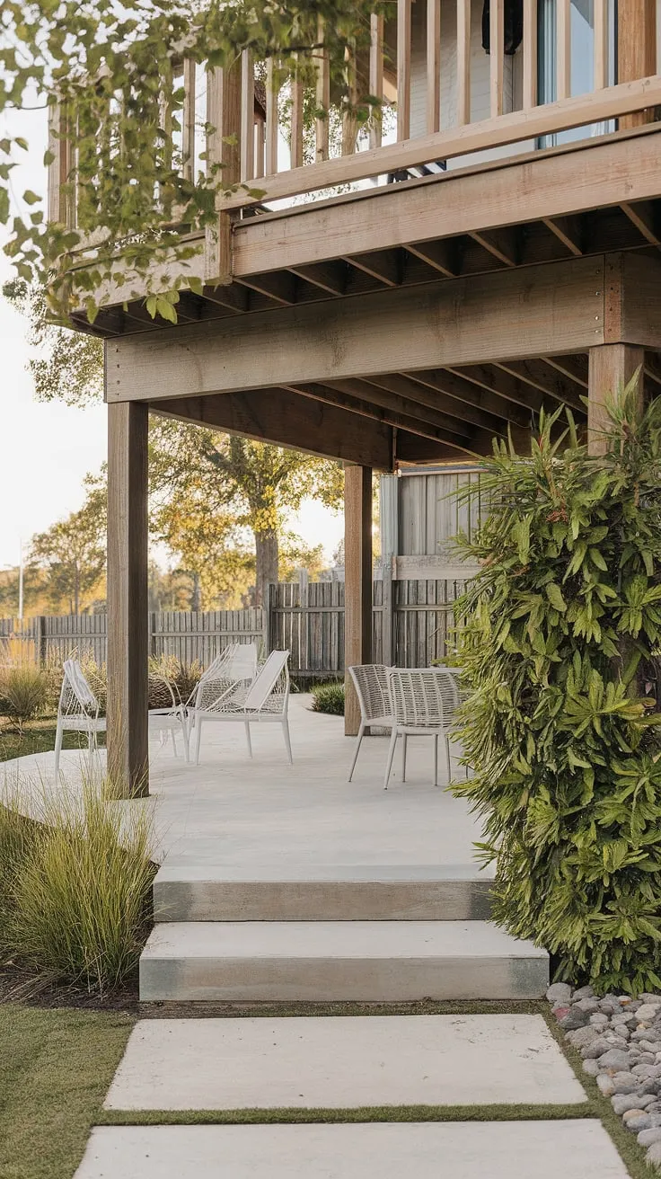 Imagine evenings spent on this high deck, overlooking your charming patio below. This deck with patio underneath showcases clever under deck patio ideas, perfect for townhouse patios or high decks backyard designs.  The thoughtful use of space makes this the ultimate second floor deck ideas inspiration.  Explore the possibilities of under deck ideas and backyard under deck patio ideas to create your own tranquil escape.
